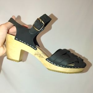 Moheda Betty Swedish Clog Sandal Strappy Black Leather Wooden Shoe 39